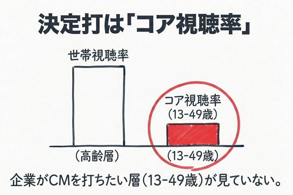 民放各局が血眼になって追い求めているのは、「コア視聴率（主に13歳〜49歳の個人視聴率）」