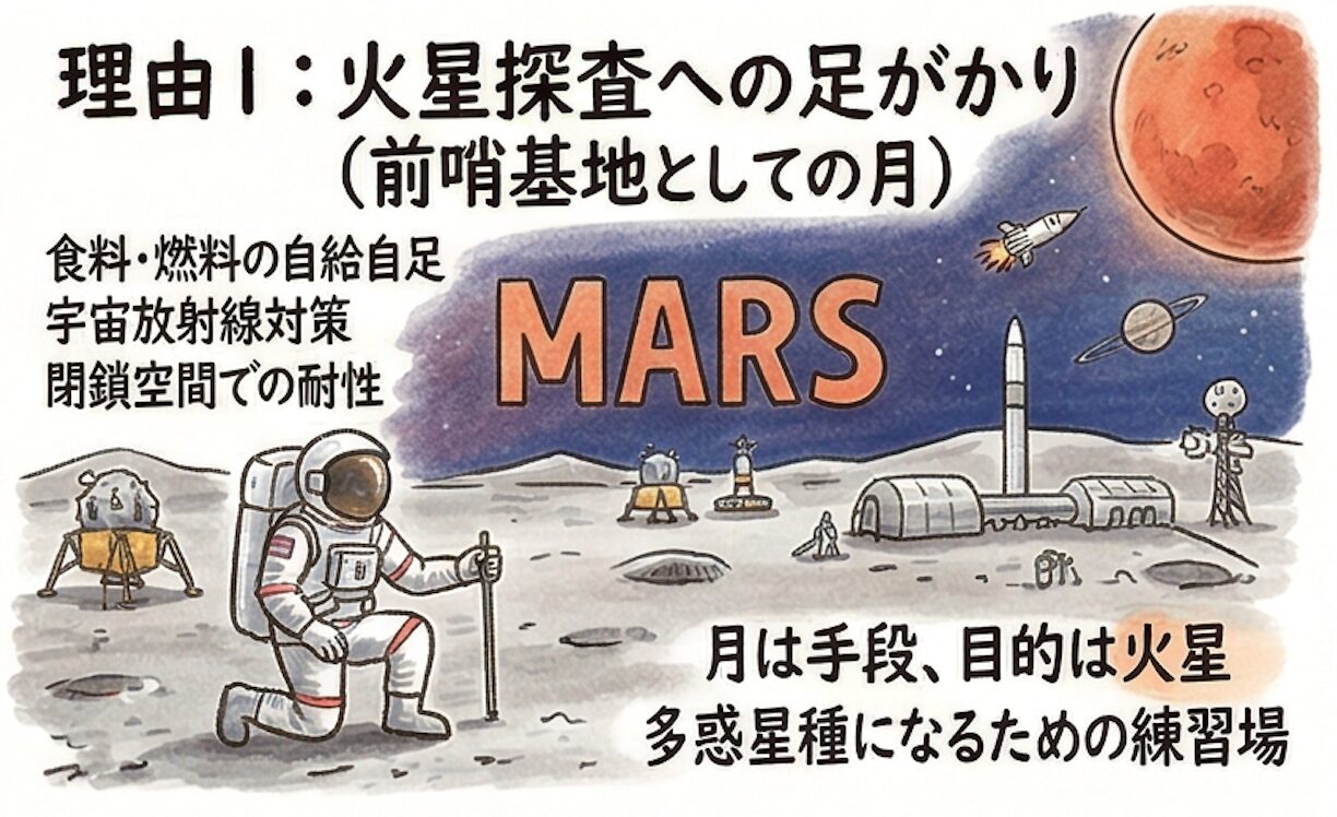 理由1：火星探査への足がかり（前哨基地としての月）