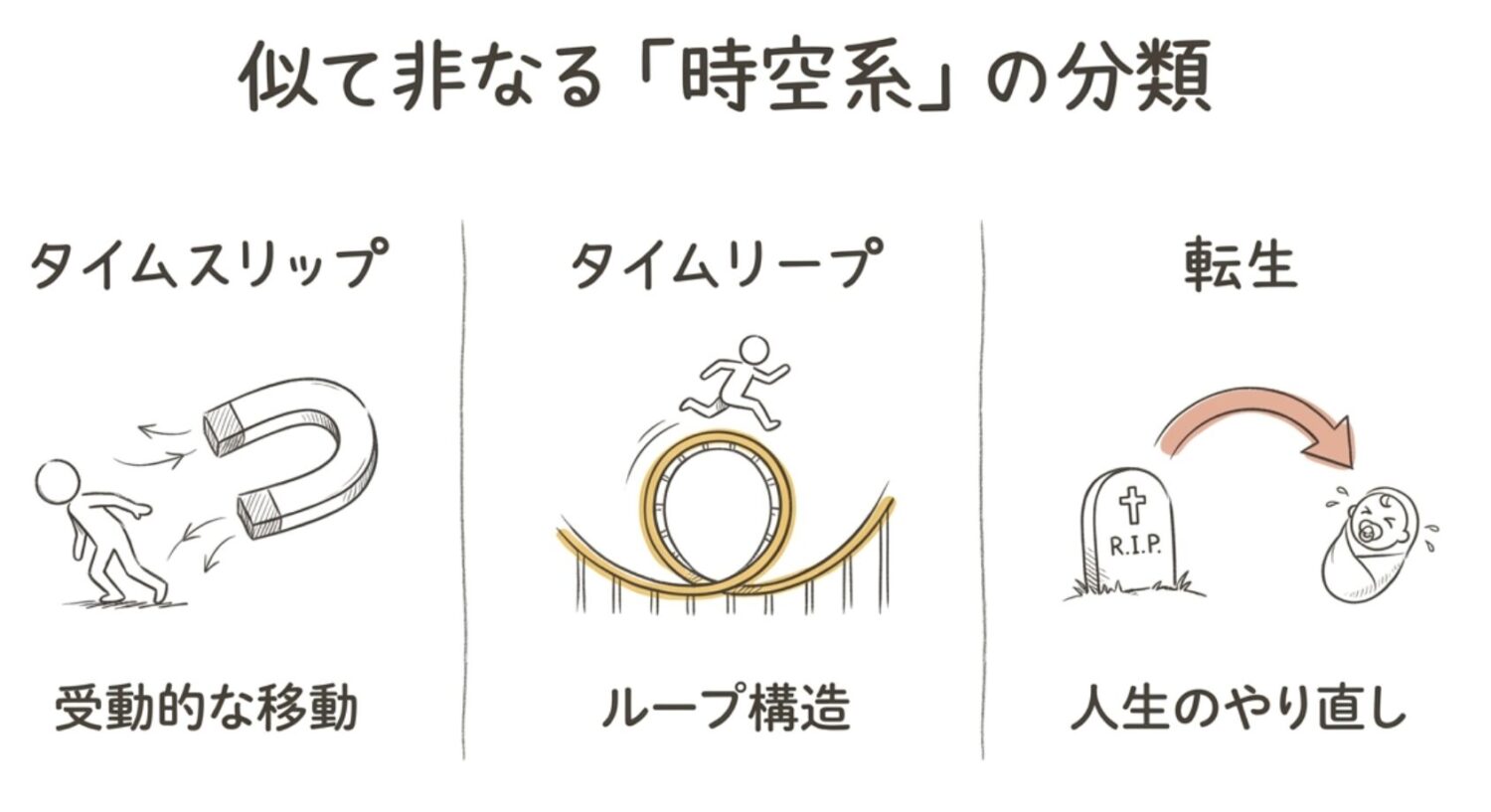 タイムスリップ、タイムリープ、転生の違い