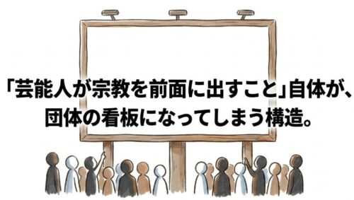 芸能人が宗教を前面に出すことによって、本人の知名度そのものが団体の看板になってしまう